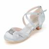 Shoes | Girl’s Flower Girl Shoes Wedding Party Rhinestone Satin Round Toe Low Heel Shoes Silver – Girls