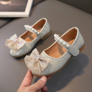 Shoes | Girl’s Princess Shoes Bowknot Pearl Rhinestone Mary Jane Wedding Party Glitter Round Toe Closed Toe Flat Heel Hook & Loop Shoes Gold – Girls