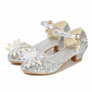 Shoes | Girl’s Princess Shoes Wedding Party Cosplay Closed Toe Junior Bridesmaid Shoes Crystal Glitter Low Heel Shoes Silver – Girls