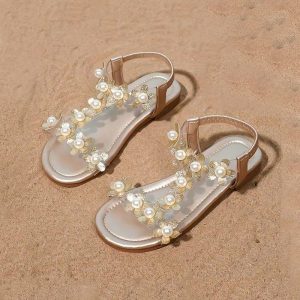 Shoes | Girl’s Sandals Daily Beach Flower Pearl Faux Leather Open Toe Flat Heel Shoes Champagne – Girls