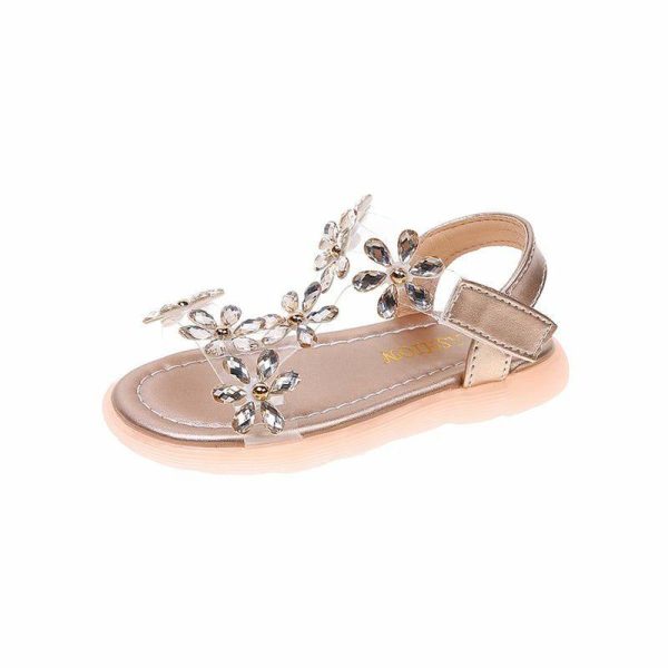 Shoes | Girl’s Sandals Daily Beach Flower Rhinestone Faux Leather Open Toe Flat Heel Shoes Gold – Girls