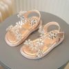 Shoes | Girl’s Sandals Daily Beach Flower Rhinestone Faux Leather Open Toe Flat Heel Shoes Gold – Girls