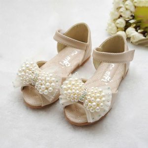 Shoes | Girl’s Sandals Flower Girl Shoes Wedding Party Bowknot Pearl Rhinestone Faux Leather Peep Toe Flat Heel Shoes Beige – Girls