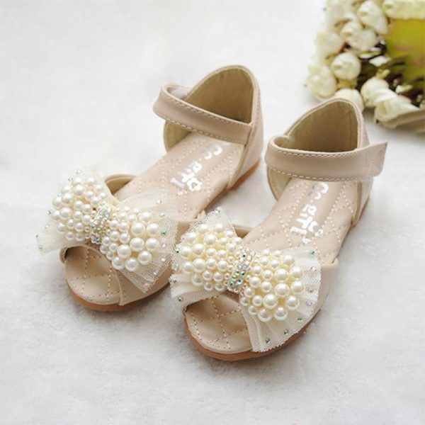 Shoes | Girl’s Sandals Flower Girl Shoes Wedding Party Bowknot Pearl Rhinestone Faux Leather Peep Toe Flat Heel Shoes Beige – Girls