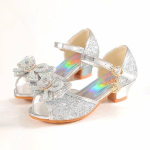 Shoes | Girl’s Sandals Princess Shoes Wedding Party Cosplay Peep Toe Junior Bridesmaid Shoes Bowknot Rhinestone Glitter Low Heel Shoes Silver – Girls