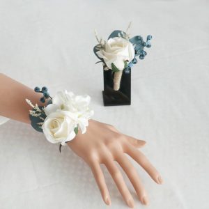 Something-Blue Accessories | 2 PCS Artificial Wedding Flowers Silk Roses Bridesmaid/Mother Boutonniere/Wrist Corsage Blue – Womens