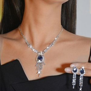 Something-Blue Accessories | Luxurious Rhinestone Tassels Drop Earrings Necklace Jewelry Sets Blue – Womens