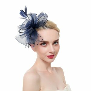 Something-Blue Accessories | Women’s Mesh With Faux Feather/Polka Dot Kentucky Derby Fascinators With Clip/Headband Dark Navy – Womens