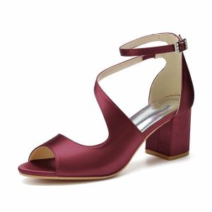 Something-Blue Accessories | Women’s Wedding Shoes Satin Block Heel Peep Toe Wedding Sandals Bridesmaid Shoes Elegant Simple Wedding Party Shoes Burgundy – Womens