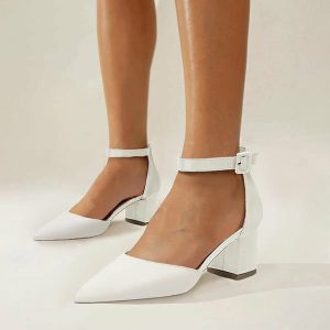 Something-Blue Accessories | Women’s Wedding Shoes Satin Chunky Heel Block Heel Point Toe Ankle Strap Heels Bridesmaid Shoes Wedding Heels Simple Elegant Wedding Work Party Prom Evening Shoes Ivory – Womens