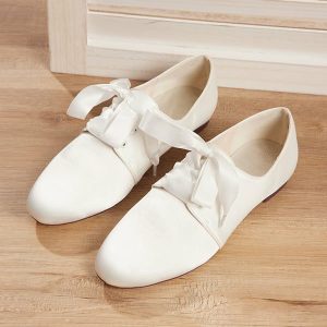 Something-Blue Accessories | Women’s Wedding Shoes Satin Flat Heel Round Toe Wedding Flats Casual Vintage Simple Wedding Shoes Ivory – Womens