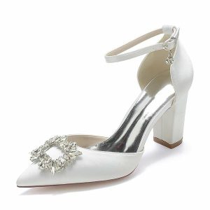 Something-Blue Accessories | Women’s Wedding Shoes Satin High Heel Block Heel Point Toe Wedding Heels Bridal Shoes Crystal Elegant Wedding Evening Shoes White – Womens