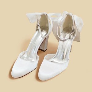 Something-Blue Accessories | Women’s Wedding Shoes Satin Round Toe Wedding Heels Bridal Shoes Ribbon Tie Elegant High Heel Block Heel Shoes Ivory – Womens