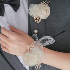 Wedding Flowers | 2 PCS Artificial Wedding Flowers Silk Roses Groom/Groomsman Boutonniere/Wrist Corsage White – Womens