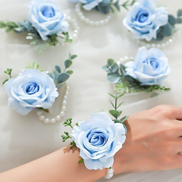 Wedding Flowers | 6 PCS Artificial Wedding Flowers Silk Roses Bridesmaid/Mother Wrist Corsage Light Blue – Womens