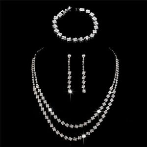 Wedding & Party Jewelry | Classic Rhinestone Earrings Layer Necklace Tennis Bracelet Jewelry Sets Silver – Womens