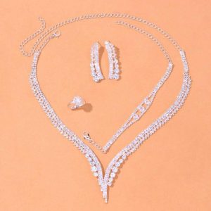 Wedding & Party Jewelry | Classic Rhinestone Necklace Earrings Bracelet Rings Jewelry Sets Silver – Womens