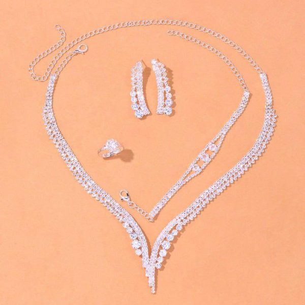 Wedding & Party Jewelry | Classic Rhinestone Necklace Earrings Bracelet Rings Jewelry Sets Silver – Womens