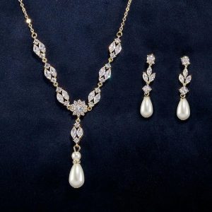 Wedding & Party Jewelry | Elegant Cubic Zirconia Pearl Drop Earrings Lariat Necklace Jewelry Sets Gold – Womens