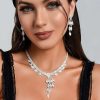 Wedding & Party Jewelry | Elegant Rhinestone Lariat Necklace Dangle Earrings Jewelry Sets Silver – Womens