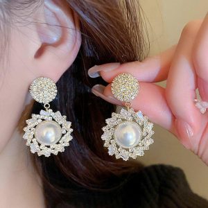 Wedding & Party Jewelry | Pearl Rhinestone Drop Earrings Gold – Womens