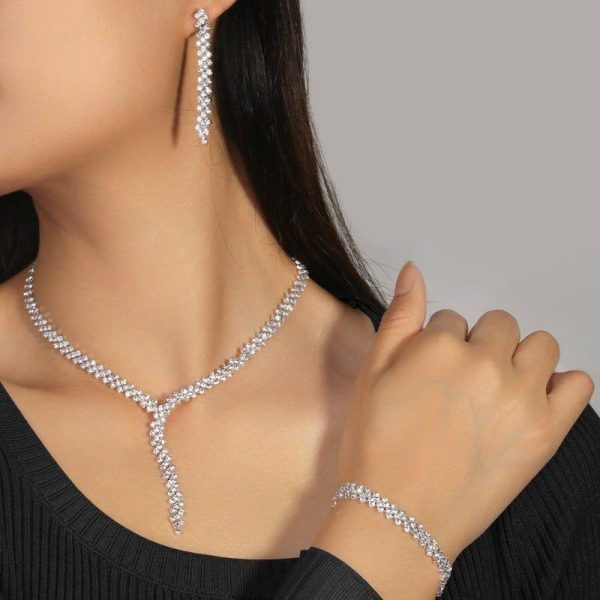 Wedding & Party Jewelry | Rhinestone Dangle Earrings & Lariat Necklace & Tennis Bracelet Jewelry Sets Silver – Womens