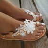 Wedding Shoes | Women’s Wedding Sandals Wedding Beach Faux Leather Flat Heel Open Toe Lace Boho Casual Slip On Shoes White – Womens