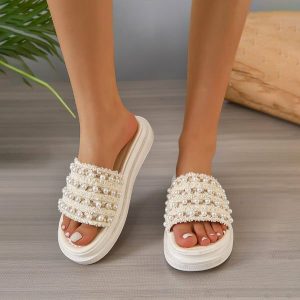 Wedding Shoes | Women’s Wedding Shoes Cloth Flat Heel Platform Open Toe Slippers Wedding Sandals Flatform Sandals Pearl Casual Honeymoon Wedding Beach Shoes Beige – Womens