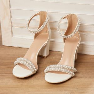 Wedding Shoes | Women’s Wedding Shoes Faux Leather Block Heel Open Toe Wedding Sandals Bridal Shoes Pearl Rhinestone Elegant Wedding Party Prom Evening Shoes White – Womens