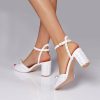 Wedding Shoes | Women’s Wedding Shoes Faux Leather Block Heel Peep Toe Wedding Sandals Bridal Shoes Pearl Elegant Wedding Party Cocktail Shoes Ivory – Womens