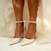 Wedding Shoes | Women’s Wedding Shoes Faux Leather Block Heel Point Toe Wedding Heels Bridal Shoes Pearl Ribbon Tie Elegant Wedding Shoes Ivory – Womens