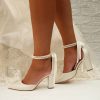 Wedding Shoes | Women’s Wedding Shoes Faux Leather Block Heel Point Toe Wedding Heels Bridal Shoes Pearl Ribbon Tie Elegant Wedding Shoes Ivory – Womens