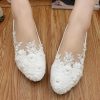 Wedding Shoes | Women’s Wedding Shoes Faux Leather Flat Heel Round Toe Wedding Flats Bridal Shoes Junior Bridesmaid Shoes Flower Pearl Lace Elegant Wedding Shoes White – Womens