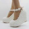 Wedding Shoes | Women’s Wedding Shoes Faux Leather Wedge Heel Platform Round Toe Wedding Heels Bridal Shoes Flower Pearl Lace Elegant Wedding Shoes White – Womens