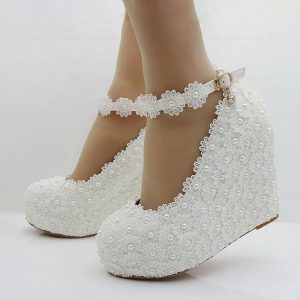 Wedding Shoes | Women’s Wedding Shoes Faux Leather Wedge Heel Platform Round Toe Wedding Heels Bridal Shoes Flower Pearl Lace Elegant Wedding Shoes White – Womens