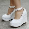 Wedding Shoes | Women’s Wedding Shoes Faux Leather Wedge Heel Platform Round Toe Wedding Heels Bridal Shoes Flower Pearl Lace Elegant Wedding Shoes White – Womens