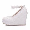 Wedding Shoes | Women’s Wedding Shoes Faux Leather Wedge Heel Platform Round Toe Wedding Heels Bridal Shoes Flower Pearl Lace Elegant Wedding Shoes White – Womens