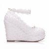 Wedding Shoes | Women’s Wedding Shoes Faux Leather Wedge Heel Platform Round Toe Wedding Heels Bridal Shoes Flower Pearl Lace Elegant Wedding Shoes White – Womens