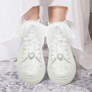 Wedding Shoes | Women’s Wedding Shoes Glitter Flat Heel Round Toe Bridal Shoes Wedding Sneakers Lace-up Rhinestone Wedding Shoes White Smoke – Womens