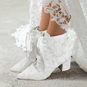 Wedding Shoes | Women’s Wedding Shoes Lace Bridal Shoes Wedding Boots Lace-up Rhinestone Chunky Heel Block Heel Vintage Shoes White – Womens