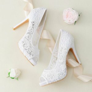 Wedding Shoes | Women’s Wedding Shoes Lace High Heel Platform Peep Toe Wedding Heels Bridal Shoes Elegant Simple Wedding Evening Shoes White – Womens