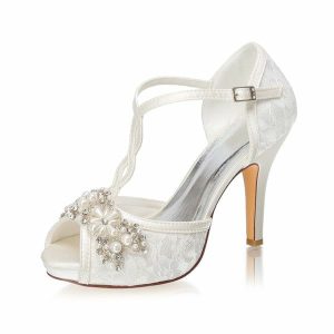 Wedding Shoes | Women’s Wedding Shoes Lace Satin High Heel Platform Peep Toe Wedding Sandals Bridal Shoes Pearl Rhinestone Elegant Wedding Shoes Ivory – Womens