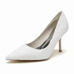 Wedding Shoes | Women’s Wedding Shoes Lace Satin High Heel Point Toe Wedding Heels Bridesmaid Shoes Elegant Simple Wedding Work Party Evening Shoes White – Womens