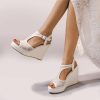 Wedding Shoes | Women’s Wedding Shoes Lace Satin Wedge Heel Platform Open Toe Wedding Sandals Bridal Shoes Elegant Wedding Daily Shoes Ivory – Womens