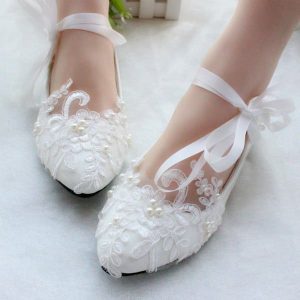 Wedding Shoes | Women’s Wedding Shoes Lace-Up Wedding Flats Bridal Shoes Junior Bridesmaid Shoes Elegant Round Toe Wedding Shoes White – Womens