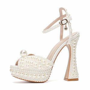 Wedding Shoes | Women’s Wedding Shoes Pearl Wedding Sandals Bridal Shoes Elegant Peep Toe Platform Flare Heel Shoes Ivory – Womens