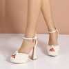 Wedding Shoes | Women’s Wedding Shoes Pearl Wedding Sandals Bridal Shoes Elegant Peep Toe Platform Flare Heel Shoes Ivory – Womens