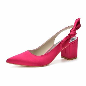 Wedding Shoes | Women’s Wedding Shoes Satin Block Heel Point Toe Slingbacks Wedding Heels Bridesmaid Shoes Bowknot Elegant Simple Wedding Shoes Rose Red – Womens