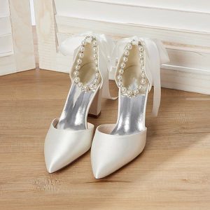 Wedding Shoes | Women’s Wedding Shoes Satin Block Heel Point Toe Wedding Heels Bridal Shoes Ankle Strap Heels Pearl Ribbon Tie Elegant Wedding Party Shoes White – Womens