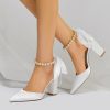 Wedding Shoes | Women’s Wedding Shoes Satin Block Heel Point Toe Wedding Heels Bridal Shoes Ankle Strap Heels Pearl Ribbon Tie Elegant Wedding Party Shoes White – Womens